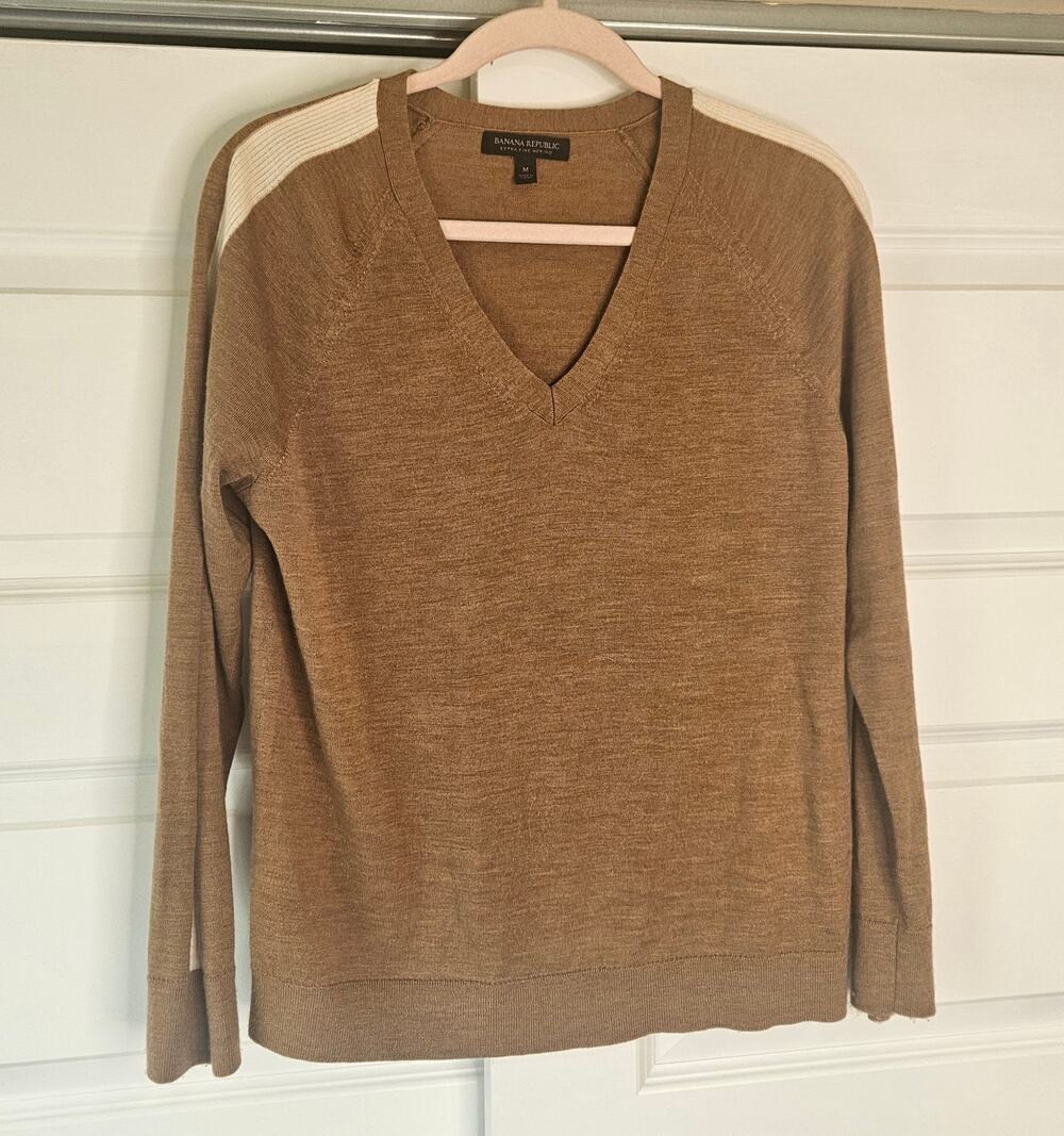 Banana Republic Extra Fine Merino Wool V-Neck Colorblock Raglan Sweater Size M